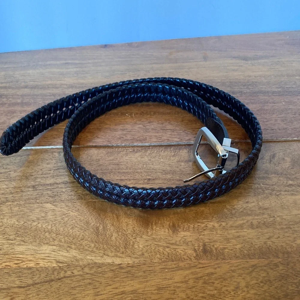 Men's Brown Braided Leather Trim Belt Size 36 Classic Basic Silver‎ Buckle